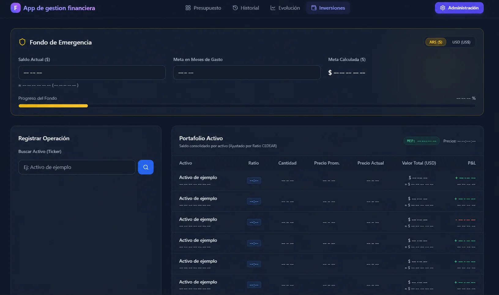 Vista de inversiones con activos, cotizaciones y resultados anonimizados.
