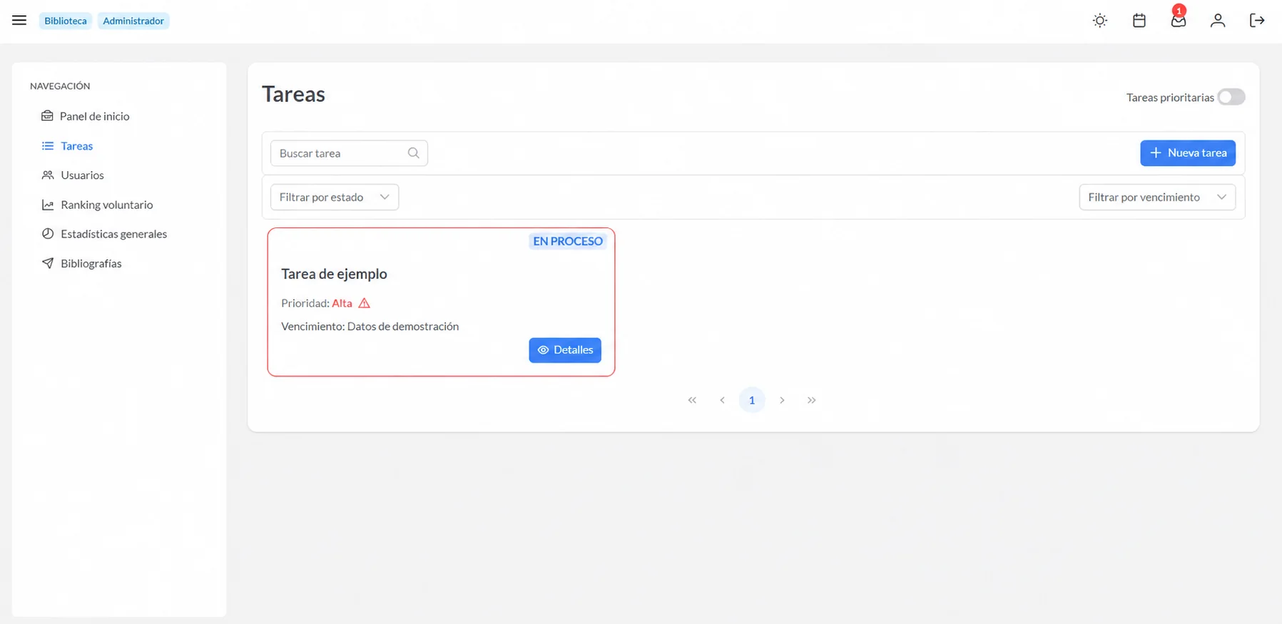 Gestión de tareas de WIRIN con contenido ficticio de demostración.